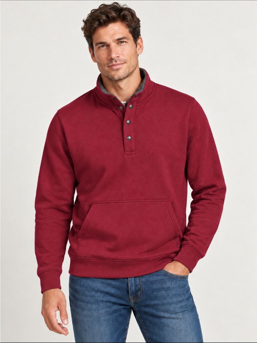 LANDSEND Mens Serious Sweats Snap Mock Neck Kangaroo Pocket Sweat Shirt Burgundy